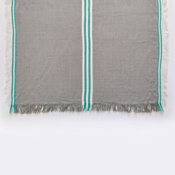 Striped Knit Long Wide Lightweight Fringe Scarf Gray Green White Cottagecore - Picture 3 of 13